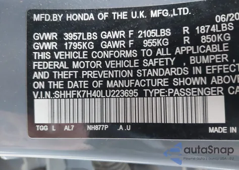 2020 Honda Civic Sport из США, поврежденный, VIN SHHFK7H40LU223695